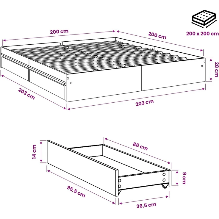 vidaXL Bettgestell mit Schubladen Räuchereiche 200x200cm Holzwerkstoff 3280633 – Bild 10