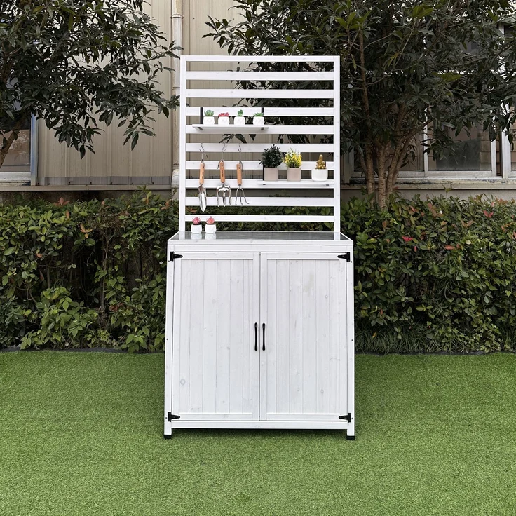 LECO Gartenregal THEA, Tannenholz weiß lasiert, Ablagefläche Stahlblech silber, 94x42x200 cm – Bild 3