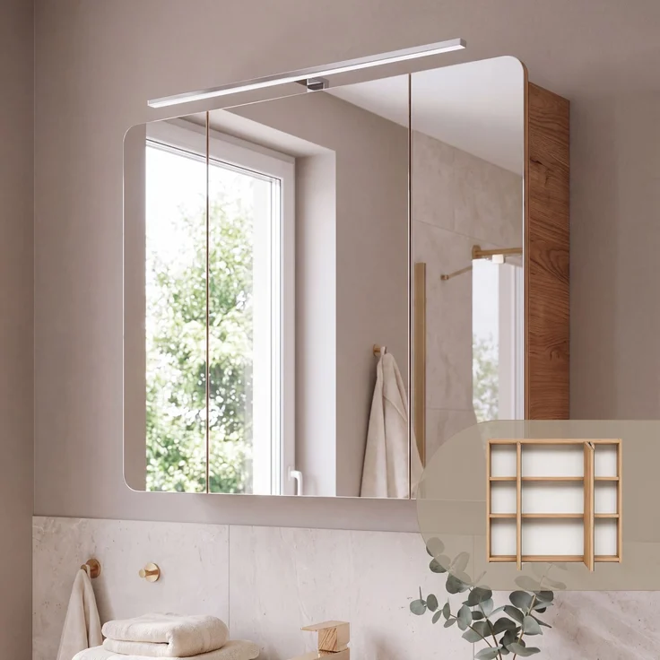 Badmöbel Set in Hochglanz weiß mit Wotan Eiche Nb. LUTON-56 mit LED-Spiegelschrank, B/H/T ca. 130/200/46 cm – Bild 5