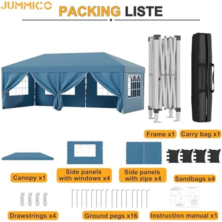 JUMMICO Pavillon 3x6 Wasserdicht Stabil Winterfest Höhe Verstellbar,Faltpavillon mit 6 Seitenwänden,Pavillion UV Schutz 50+,Gartenpavillon Faltzelt für Garten, Innenhof, Camping,Gazebo Blue – Bild 6