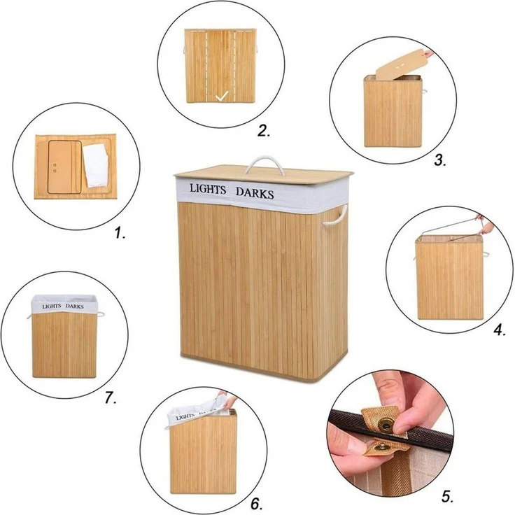 Mondeer Wäschekorb 100L Wäschesortierer aus Bambus (1 St), faltbarer Wäschesammler mit 2 Fächern – Bild 2