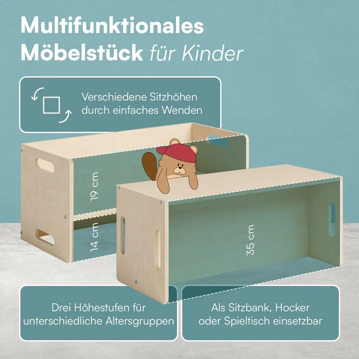 Bellabino 'Aki' 2in1 Wendebank und Tisch, natur unbehandelt, Birke Sperrholz, 3 Sitzhöhenstufen – Bild 6