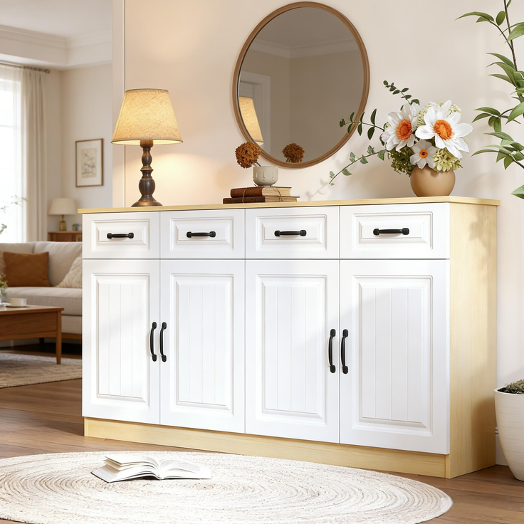 DESVIAE Sideboard mit 4 Schubladen und 4 Türen 160x80x35 cm MDF Weiß/Naturholzfarbe – Bild 3