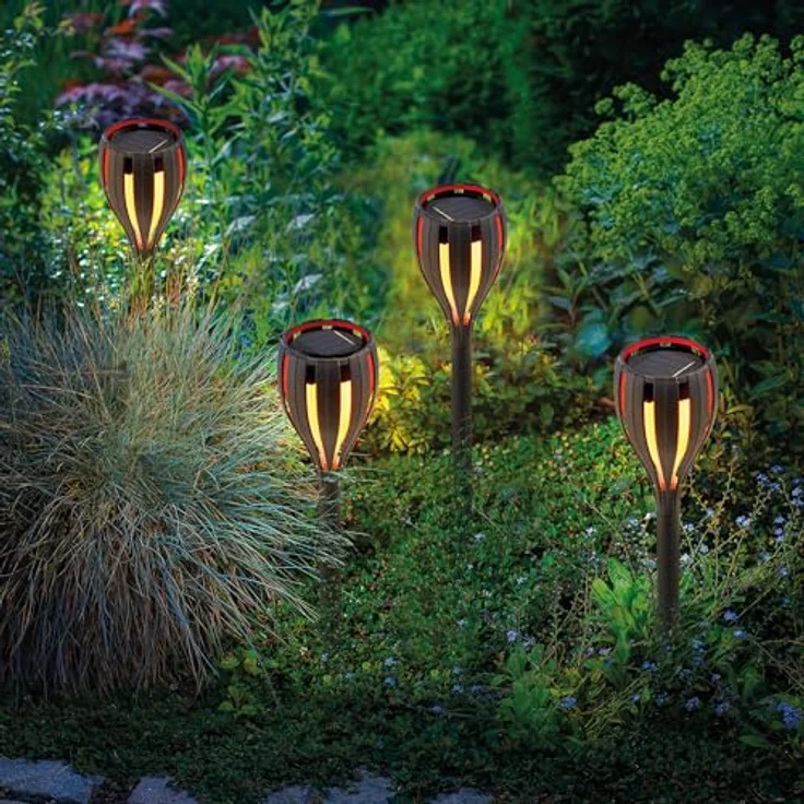Esotec Solar Gartenleuchten Bioko, 4er Set, wetterfeste LED Stecklichter mit Akku, orange bernsteinfarben, Höhe 29,5cm, IP44 – Bild 2