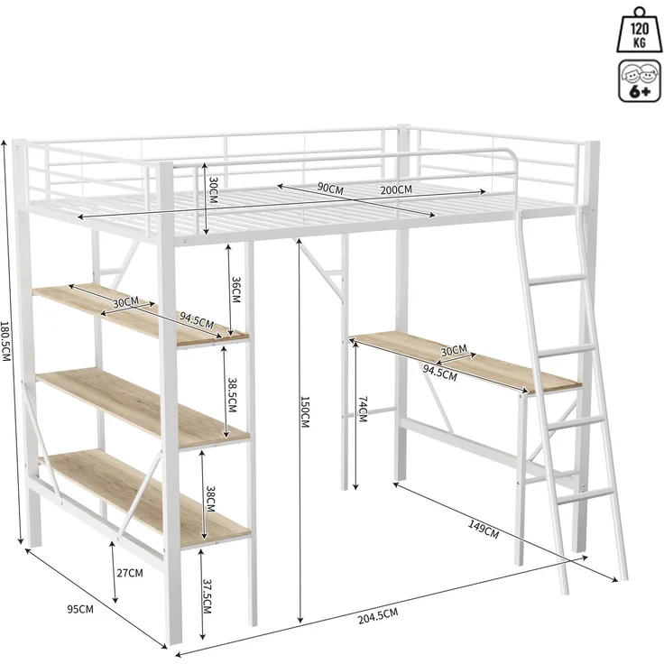 Weißes Metall-Hochbett 90x200cm mit Schreibtisch & 3 Ablagefächern, stabiler Stahlrahmen inkl. Lattenrost ohne Matratze – Bild 6