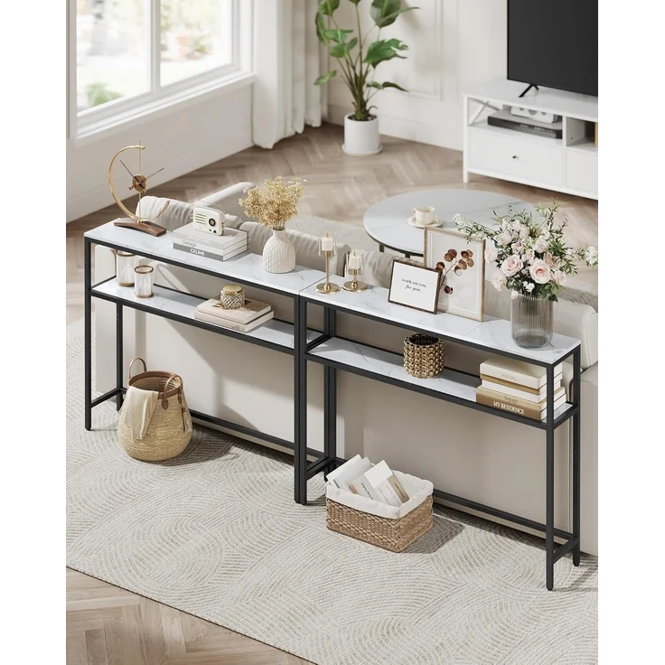 VASAGLE Konsolentisch, schmaler Sofatisch mit 2 Ablagen, 20 x 100 x 80 cm, Flurtisch, 2 Ebenen, für Flur, Wohnzimmer, Schlafzimmer, marmorweiß-tintenschwarz LNT131W59 – Bild 5