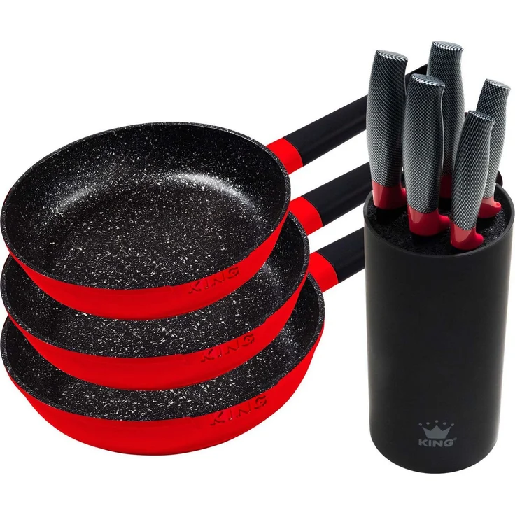 KING Pfannen-Set Shine Red, Aluminiumguss (Set, 3-tlg, je 1 Bratpfanne Ø 20/24/28 cm, H: 5/5,5/6 cm, - 1/1,9/2,5 l), Induktion, mit 6-teiligem Messerblock – Bild 5