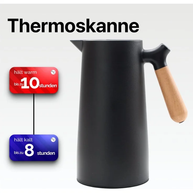 KVOTA Isolierkanne 1L Thermoskanne Glaskolbe Schwarz Holzgriff 1-Click Öffnung, 1 l – Bild 4