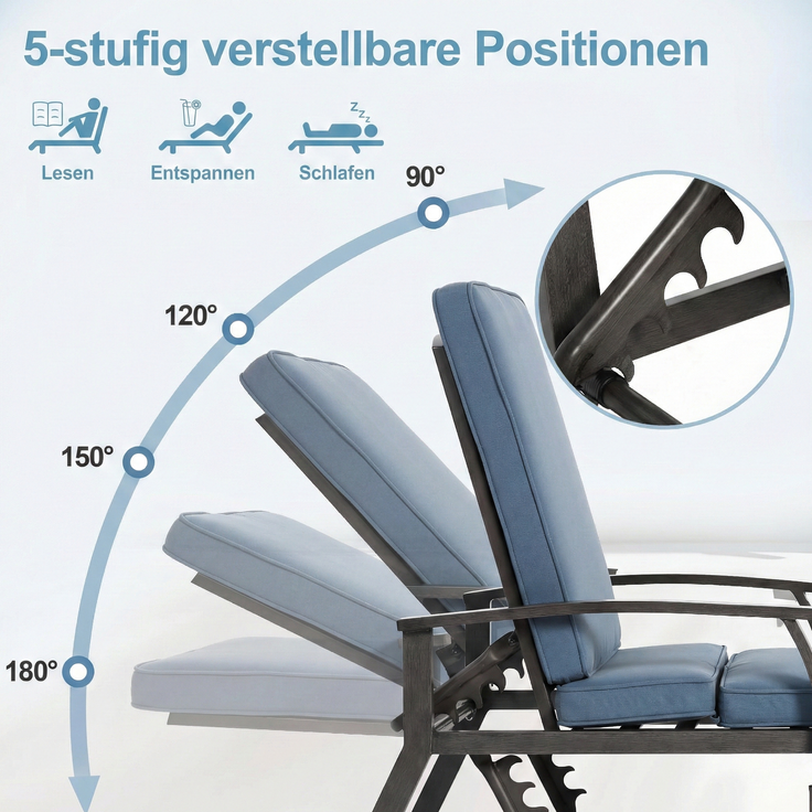 LVHOM Luxus Sonnenliegen 1 St, Verstellbare Aluminium-Liege mit Kissen, Gartenliege Rostfrei/wasserfest, 60 x 183 x 39 cm – Bild 4