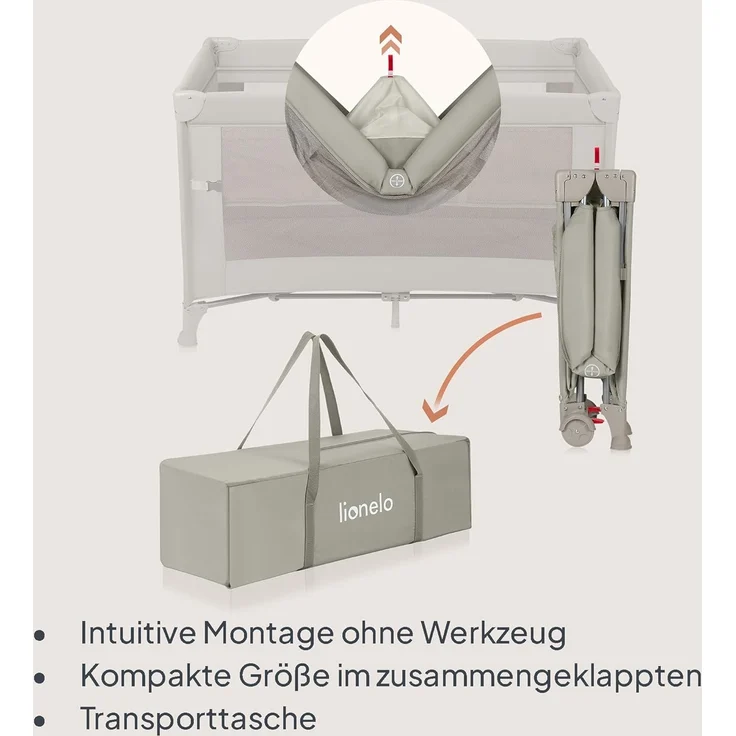Lionelo Ellen 3 in 1 Reisebett von 0 bis 3 Jahren, Beistellbett für Neugeborene und ältere Kinder bis 15 kg, 2 Matratzenhöhen, Befestigungsgurte, seitlicher Reißverschluss, 2 Rollen, Tasche – Bild 8