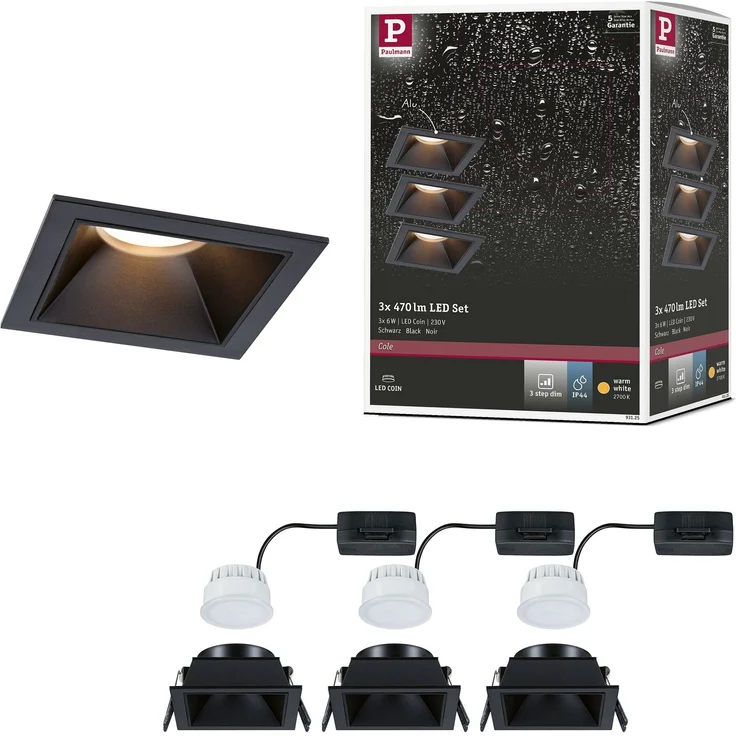 Paulmann 93125 LED Cole Coin Basisset eckig 3er-Set 2700K Schwarz 3-Step-Dim IP44 – Bild 7