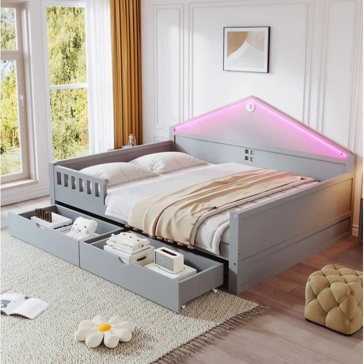 Einzelbett 140x200 cm mit LED und 2 Schubladen – Grau, Ohne Matratze