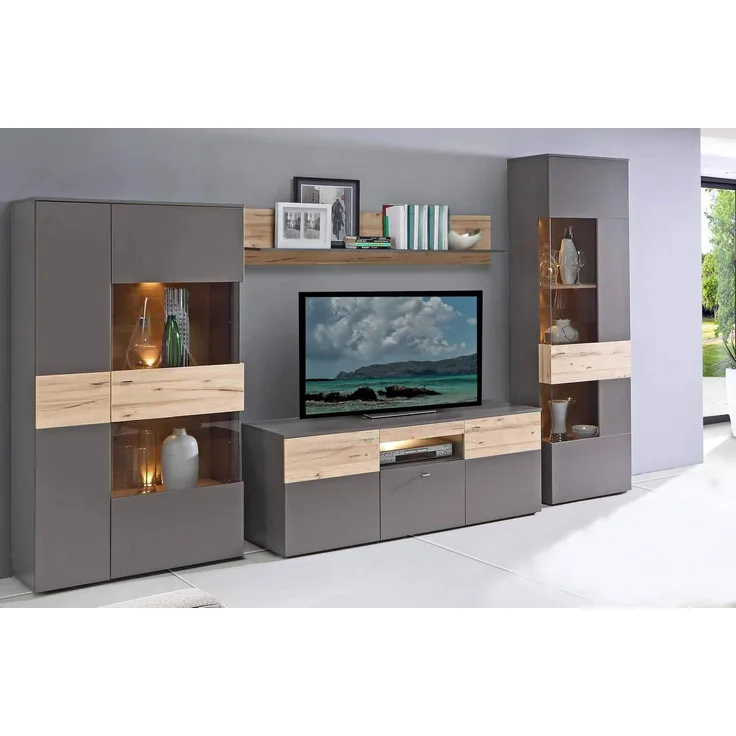 Wohnwand COMO rechts Optik: Grau / Planked Eiche mit LED Beleuchtung