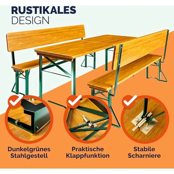 Casaria Bierzeltgarnitur mit Rückenlehne, 3-teilig, klappbar, Holz natur / Stahl grün, 170 x 70 x 75 cm – Bild 5