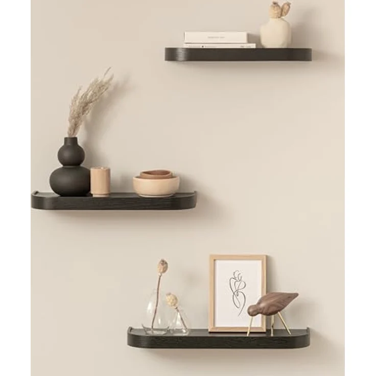 Kazai.® Wandregal-Set 'Toke' | 3 Hängeregale in Echtholz-Veneer | Schwebendes Holzregal als Wanddeko und Ablage für Bad, Wohnzimmer, Küche, Schlafzimmer und mehr | Eiche, schwarz – Bild 2