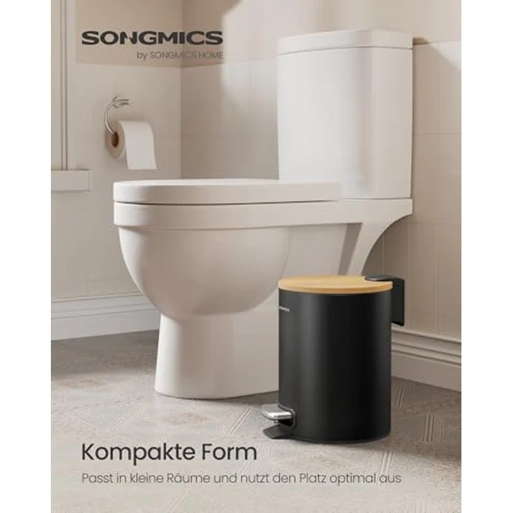 SONGMICS Kosmetikeimer, Mülleimer Bad, mit Deckel aus Bambus, Tretmülleimer mit Metallpedal, Inneneimer herausnehmbar, Softclose, für Badezimmer, 3 Liter, tintenschwarz LTB113BZ01 – Bild 4