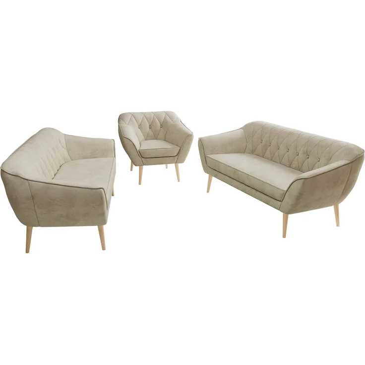 Wohnzimmerset, Möbelset PIRS 3-3-1, Armlehnen, Wellenfederung, Buche Füße, Dreisitzer Sofas mit Sessel, Polstermöbel Set - Beige Velvet – Bild 8
