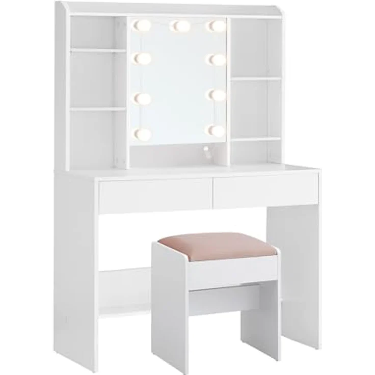 VASAGLE Schminktisch mit Beleuchtung, einstellbare Helligkeit, Hocker, Frisiertisch mit Spiegel, Kosmetiktisch mit verstellbaren Ablagen, 2 Schubladen, modern, wolkenweiß und pastellrosa – Bild 2