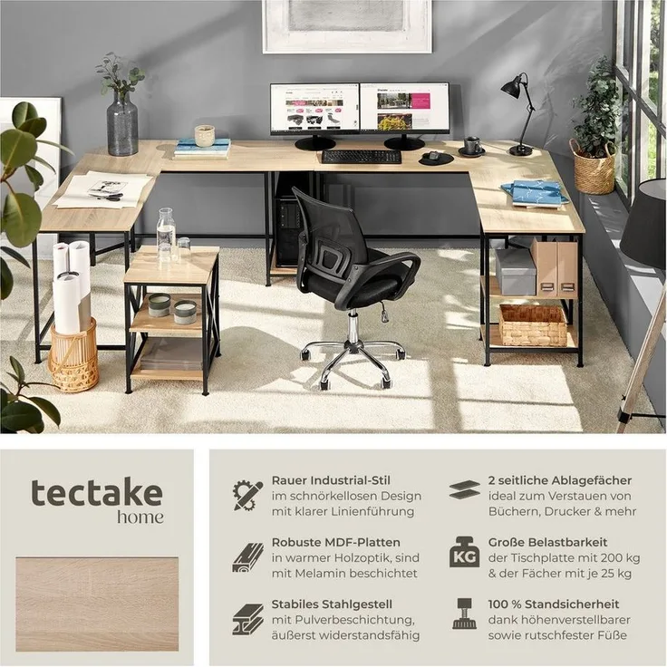 tectake Schreibtisch Computertisch Hamilton 138x138x75,5cm (1-St, 1 tlg), Platzsparender Eckschreibtisch im luftig-leichten Industrie-Design