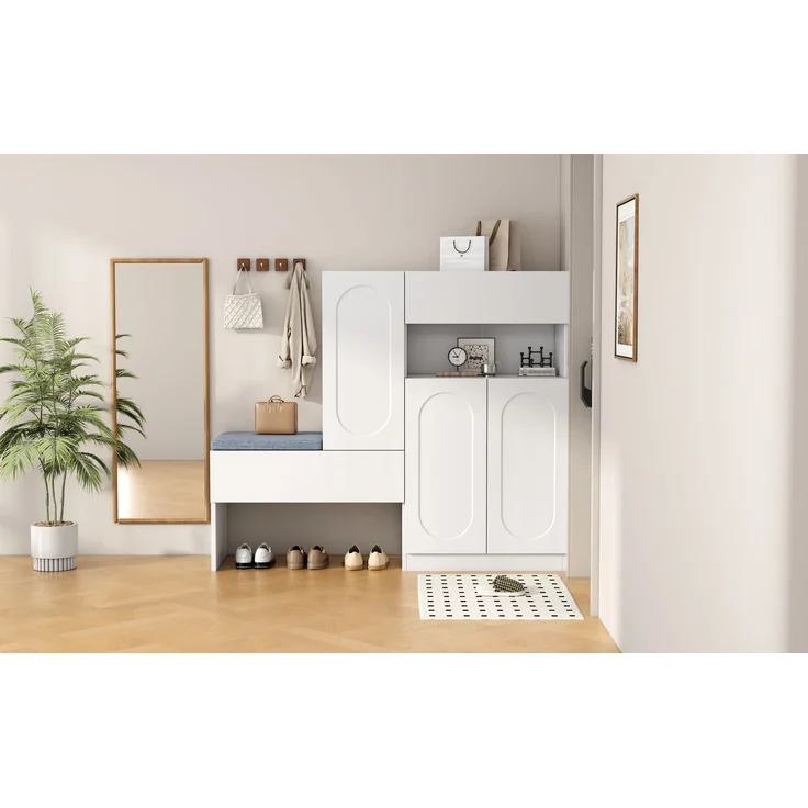 Weißer Schuhschrank mit Sitzbank und höhenverstellbaren Fächern 130 cm Moderner Schuhorganizer für Diele mit Soft Close Funktion Schuhregal Aufbewahrungsbank mit abnehmbarer Sitzauflage và Kippsicherung, 130cmx35cmx110cm, Weiß – Bild 5