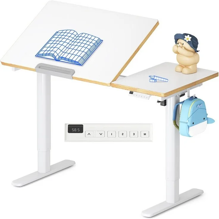 FLEXISPOT Schreibtisch Kinderschreibtisch Höhenverstellbar (mit neigbarer Tischplatte, mit LED-Höhenanzeige & 3 Speicherplätzen, MIT Haken, 16mm Abgerundete Tischecken), Kindersicherung, für Kinder ab 6 Jahren