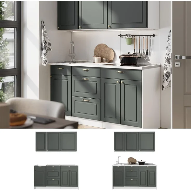 Singleküche Fame-Line Grün-Gold Landhaus/Weiß 150 cm, AP Anthrazit Vicco – Bild 7