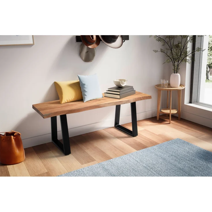 Garderobenbank 120x40x45,5cm Akazie Massivholz Baumkante Metall Trapezbeine Schwarz – Bild 3