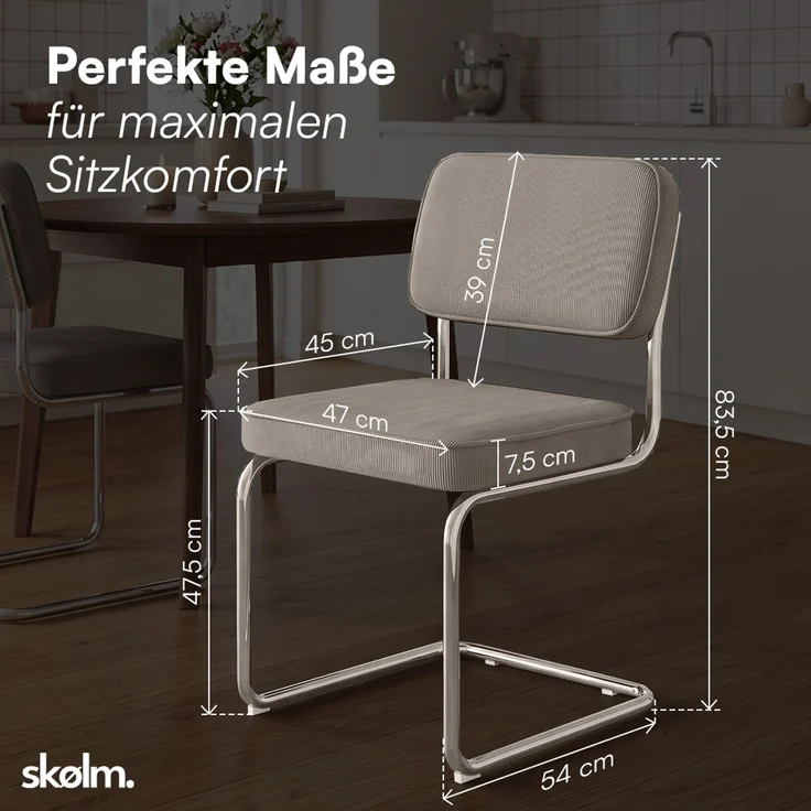 skølm 'Thund' Esszimmerstühle 2er Set, macchiato, Polsterstuhl aus Cord mit verchromten Metallgestell, Schwingstuhl bis 120 kg belastbar – Bild 9