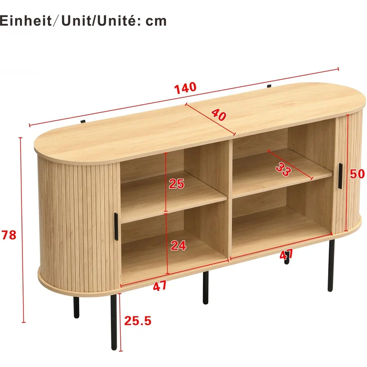 Merax Sideboard mit Rolljalousie-Türen, Aluminiumgriffen & Eisenbeinen – Vielseitiger Aufbewahrungsschrank für Wohnzimmer, Esszimmer & moderne Einrichtung, Holzfarbe – Bild 4