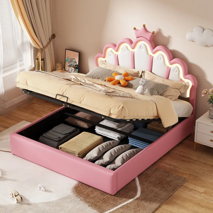 Prinzessinbett mit Lattenrost und LED-Beleuchtung, 140x200 cm, Mädchenbett, Polsterbett für Mädchen, Stauraumbet, Kunstleder