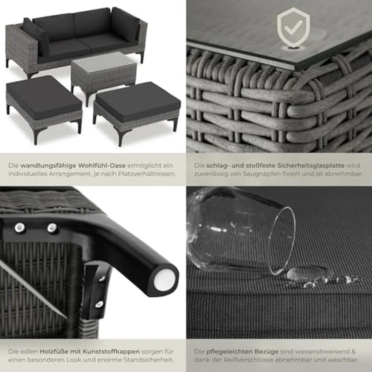 tectake Loungeset Rattan Lounge, (Set, 5-tlg), Stabiles Gestell aus leichtem und rostfreiem Aluminium – Bild 5
