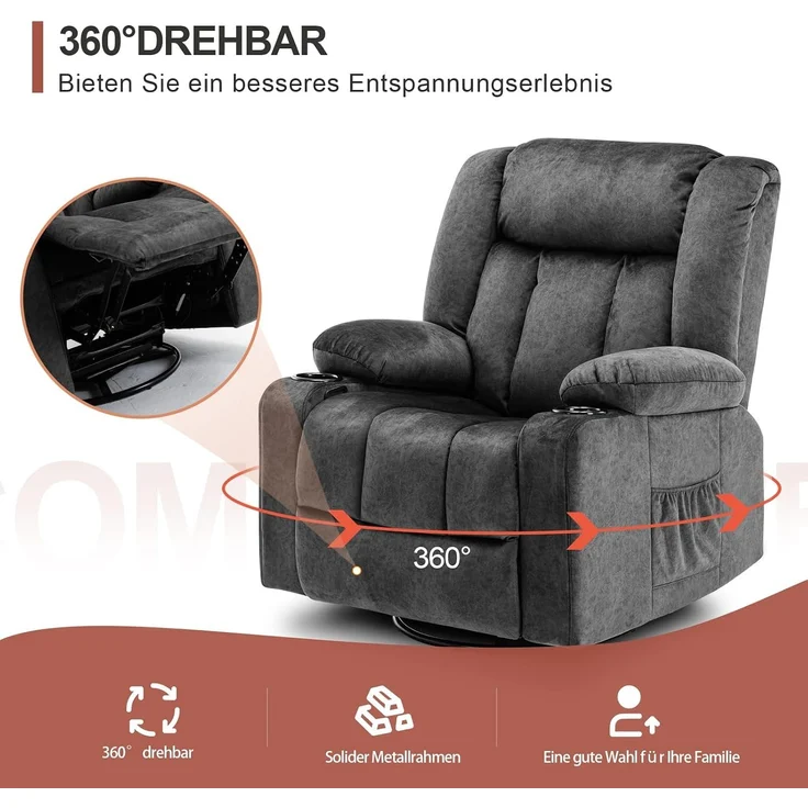 COMHOMA Manueller Drehbarer Relaxsessel für Erwachsene mit Verstellbarer Rückenlehne und Fußstütze, 360° Lounge Sessel für Wohnzimmer, Getränkehalter, Seitentaschen, Weicher Stoff, Ergonomisch, Grau – Bild 4