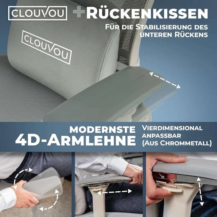 CLOUVOU Bürostuhl ergonomisch, CleverSeat Schreibtischstuhl bis 150 kg - Testsieger (Chefsessel für Arbeitszimmer, 4D Chrom-Metallarmlehne), Blade Wheels, Homeoffice, Gaming Stuhl, Drehstuhl – Bild 3
