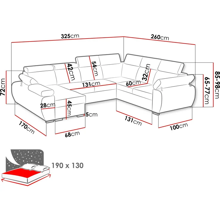 Wohnlandschaft Boston U mit Bettkasten, Schlaffunktion, Einstellbare Kopfstützen (Farbe: Flow 09, Seite: Rechts, 2r+R+2p+LC) – Bild 5