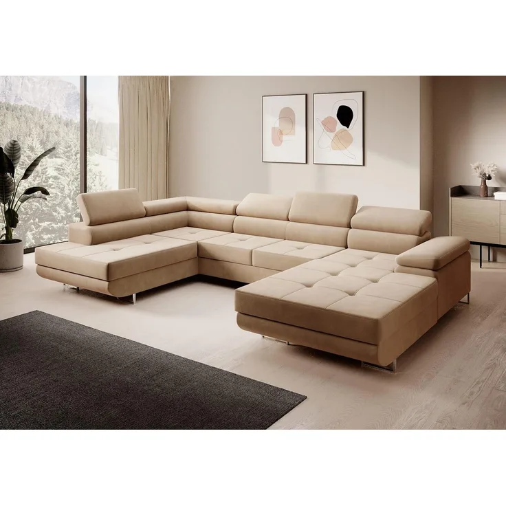 Sofa FERRO, moderne Couch mit verstellbaren Kopfstützen, ausziehbare Polstercouch, Sofa mit Schlaffunktion, zwei Bettkästen, U- Form - Kronos 35, 72 x 201 x 335 cm