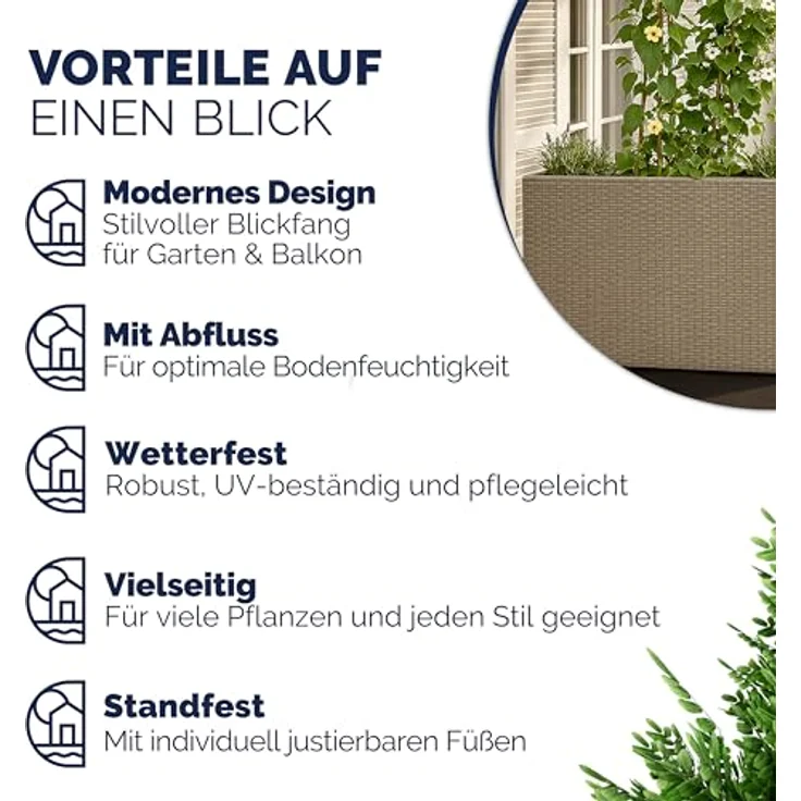 Casaria Pflanzkübel, 4 Innentöpfe Herausnehmbar Polyrattan 95x27x60cm Blumentopf Creme – Bild 9