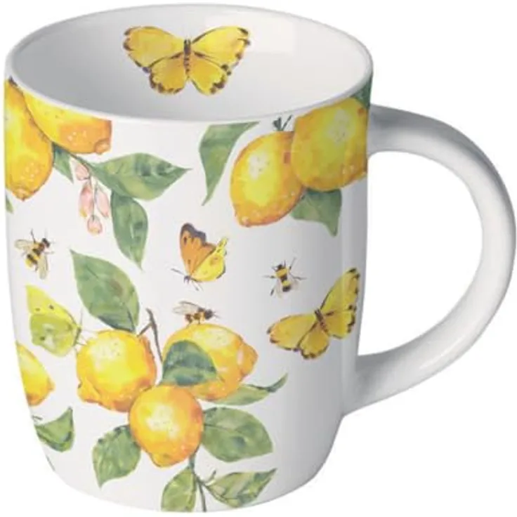 Ambiente Luxury Paper Products Tasse, Keramik, Tasse 8,5cm Porzellan mit Zitronen & Schmetterling Motiv Weiß / Gelb