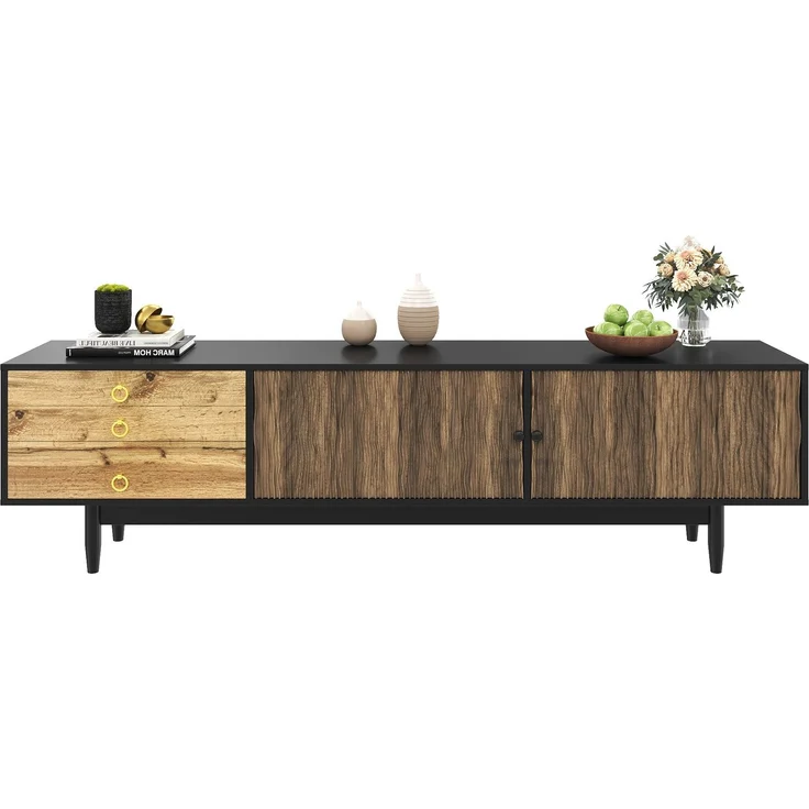 TV-Schrank 180 x 50 x 38 cm Schwarz Holz,Lowboard mit 2 Türen, 3 Schubladen, Wellenmuster, Massivholzbeinen – Bild 10
