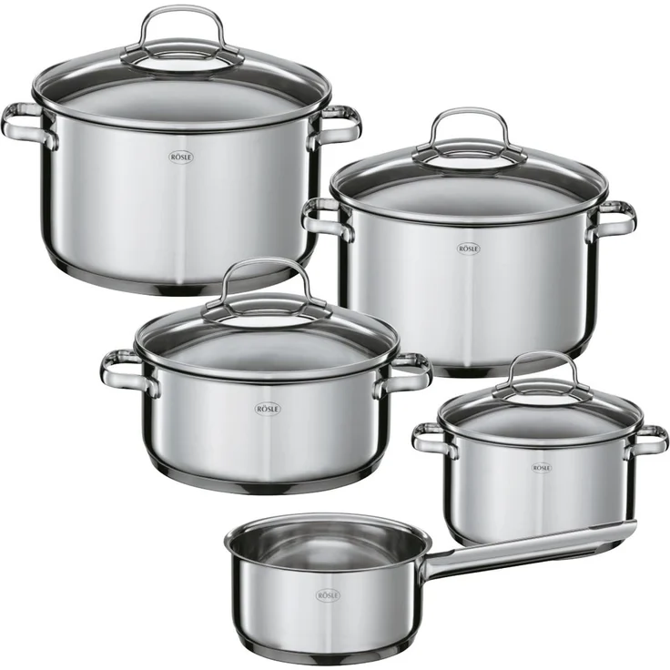 Rösle ELEGANCE Topfset, 5-tlg, Edelstahl 18/10, mit Glasdeckel, Innenskalierung, induktionsgeeignet – Bild 1