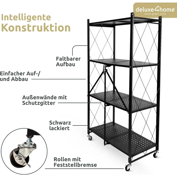deluxe4home Mehrzweckregal Klappregal rollbar in schwarz I Rollregal klappbar Küchenregal, Faltregal mit Rollen – Bild 7