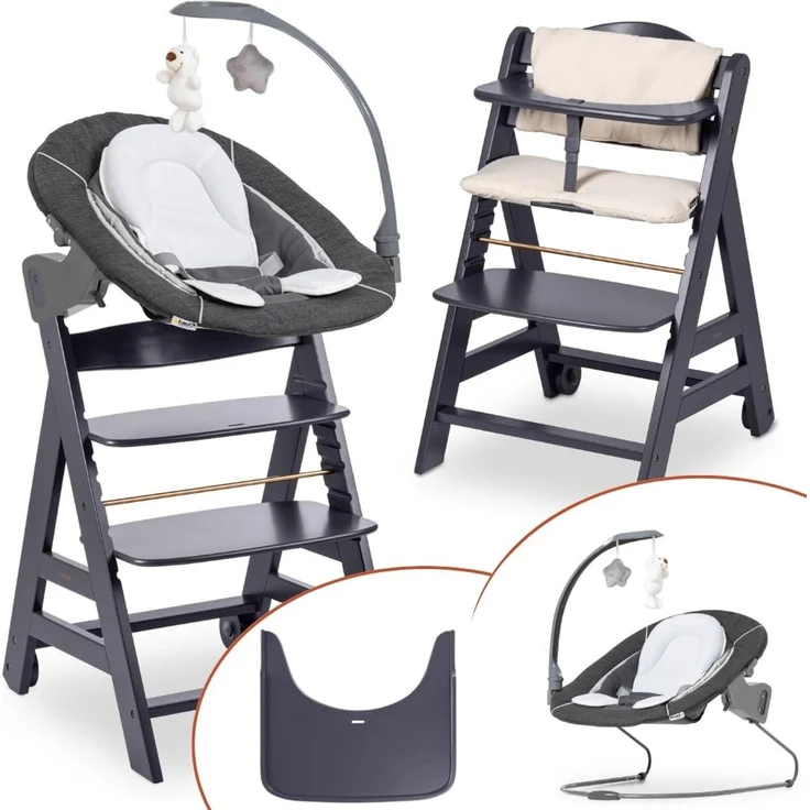 hauck Beta+ Hochstuhl Newborn Set mit Deluxe Bouncer - Dark Grey | Mitwachsender Holz Kinderhochstuhl mit Rollen ab Geburt bis 90 kg | inkl. Neugeborenenaufsatz, Essbrett & Sitzkissen