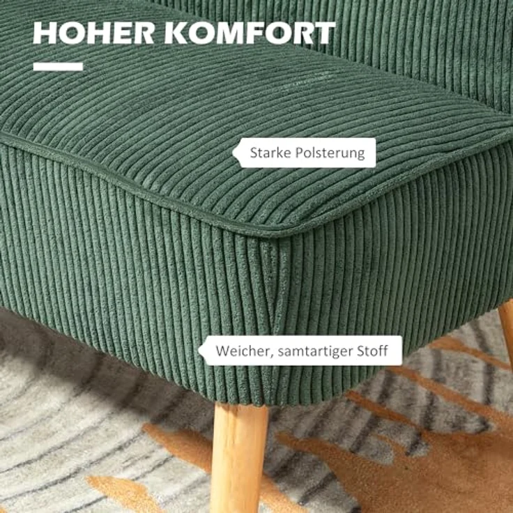 HOMCOM 2-Sitzer Sofa, Couch mit Kordoptik, Holzbeine, Doppelsofa 1 Teile, für Wohnzimmer, Schlafzimmer, 117 x 56,5 x 77 cm, Grün – Bild 5