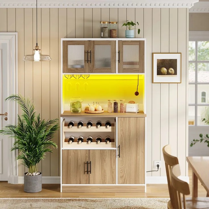 ZUBALIYA Buffetschrank 100 x 40 x 180 cm – Riffelglasfronten, RGB-LED mit Fernbedienung, 2 Steckdosen und USB, Weinregal für 10 Flaschen, MDF, Weiß, Sonoma-Eiche-Optik