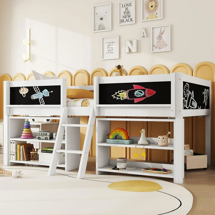 Kinder Halbhohes Bett 90x200 cm mit Aufbewahrungsfächern,Sicherheitsgeländer,stabile Leiter, Zeichentafel,multifunktionales Hochbett – Bild 3