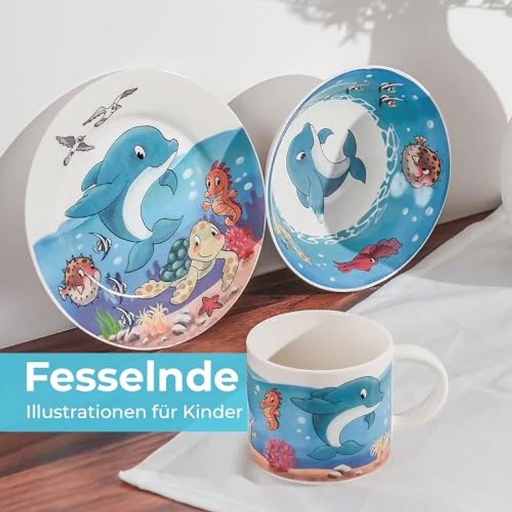 MiaMio Kindergeschirr-Set 3er-Set Kindergeschirr/Porzellan inkl. Teller, Schüssel und Tasse Ocea (3-tlg), 1 Personen, Porzellan – Bild 4