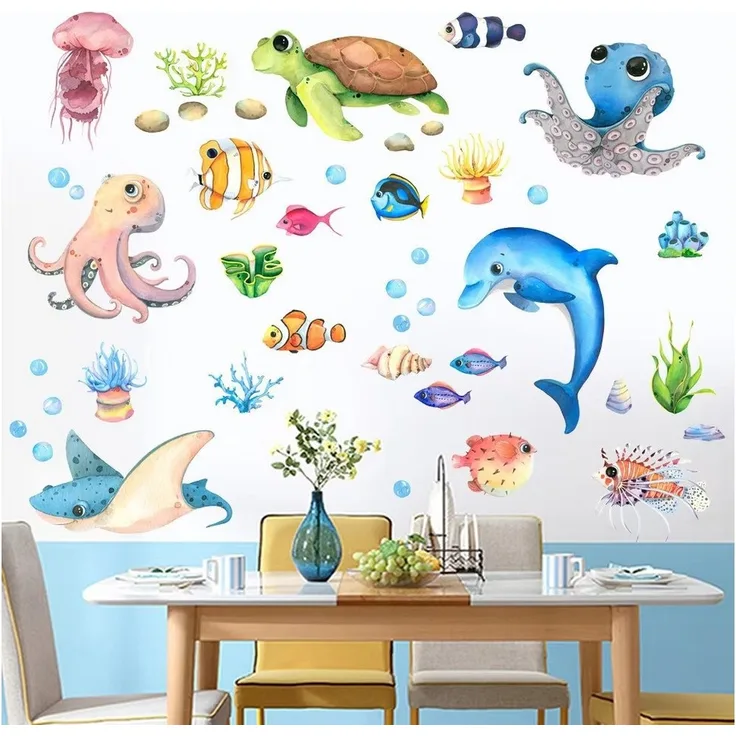 Montegoni Wandtattoo Wandtattoo Unterwasserwelt Oktopus Meeresschildkröte Fische (4 St) (21x30cmX4PCS Marine Life Wandaufkleber für Kinderzimmer), Kinder Wandsticker Marine Life