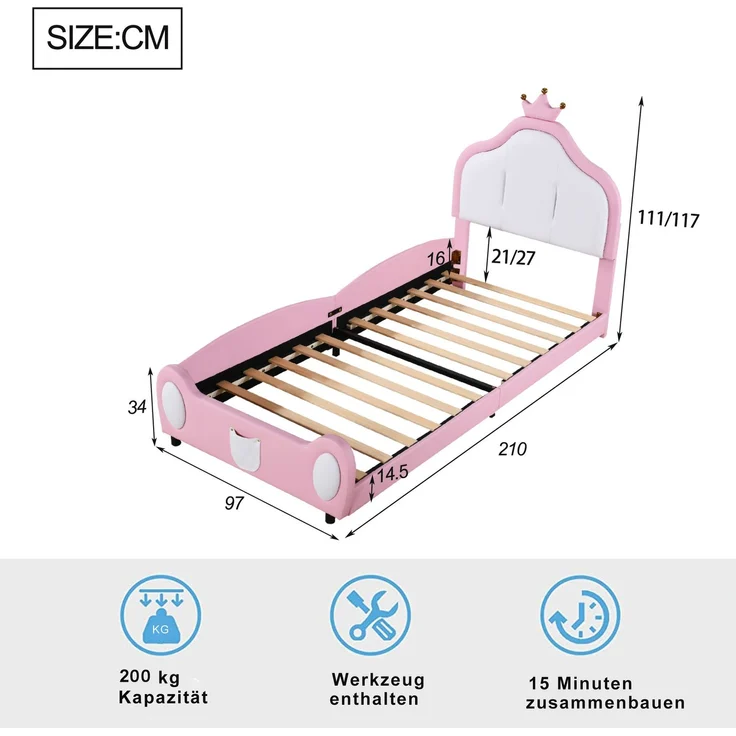 Kindereinzelbett 90×200 cm aus Kunstleder mit kronenförmigem Kopfteil, rosa – Bild 4