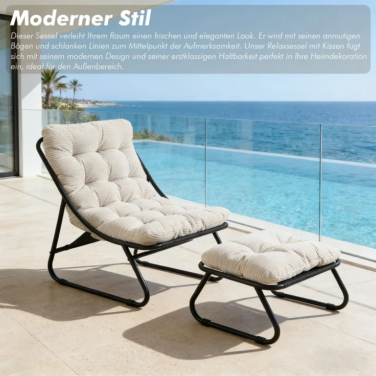 LVHOM Sessel mit Hocker, Gepolsterter Loungesessel aus Cord mit Metallgestell, ergonomischer Relaxsessel für Wohnzimmer und Schlafzimmer, Weiß – Bild 7
