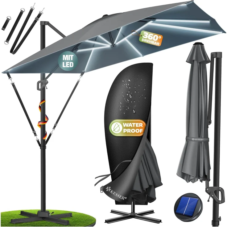 KESSER® Sonnenschirm Ampelschirm SUN XL 300 x 300 cm Inkl. Abdeckung +Windsicherung Drehbar Neigbar Kippbar Marktschirm Groß 360° Rotation, Gartenschirm mit Kurbel Sonnenschutz UV50+ Anthrazit, Mit LED – Bild 1