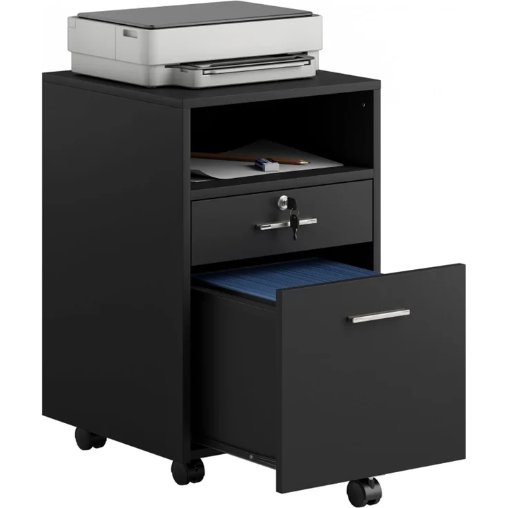 Büroschrank Rollcontainer, 2 Schubladen, eine Schublade abschließbar, 5 Rollen, Schwarz, 40 x 40 x 65 cm--Schwarz--40x40x65cm--YOUDENOVA – Bild 7